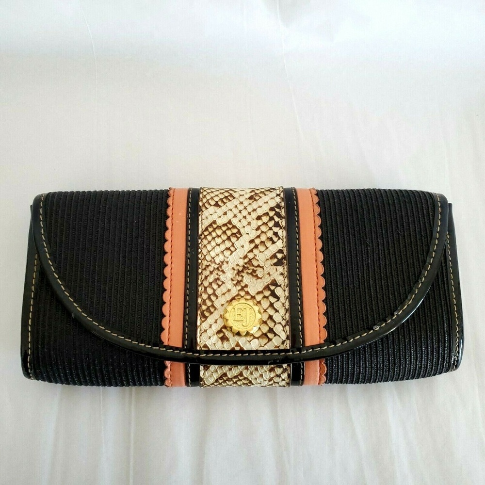 Eric Javits Squishee Woven Clutch Black Snake Gold